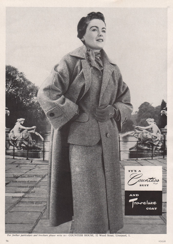 It's a Countess suit and Traveluxe Coat. Fashion advert. BRITISH VOGUE 1955